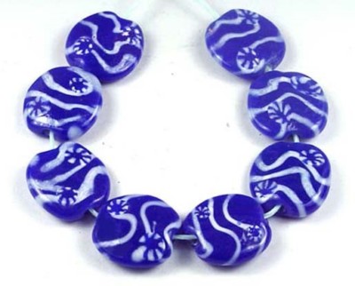 8 Lampwork Handmade Glass Cobalt Pattern Lentil Beads 20mm