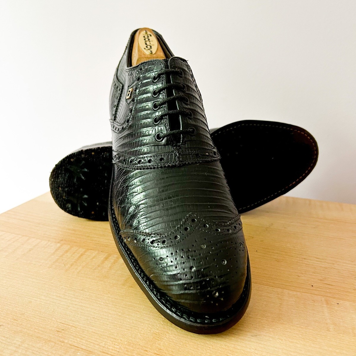 Vintage FootJoy Classics 73734 Lizard Exotic Black Golf Loafers Men\'s Size 10C VINTAGE FootJoy Classics Black Tegu Lizard shieldtip golf  main image 4