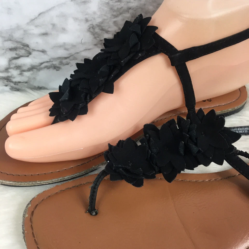 Sandalias Mujer Faded Glory Talla 4 Verano Negro Flor Tanga Correa Chanclas Foto 4 de 4