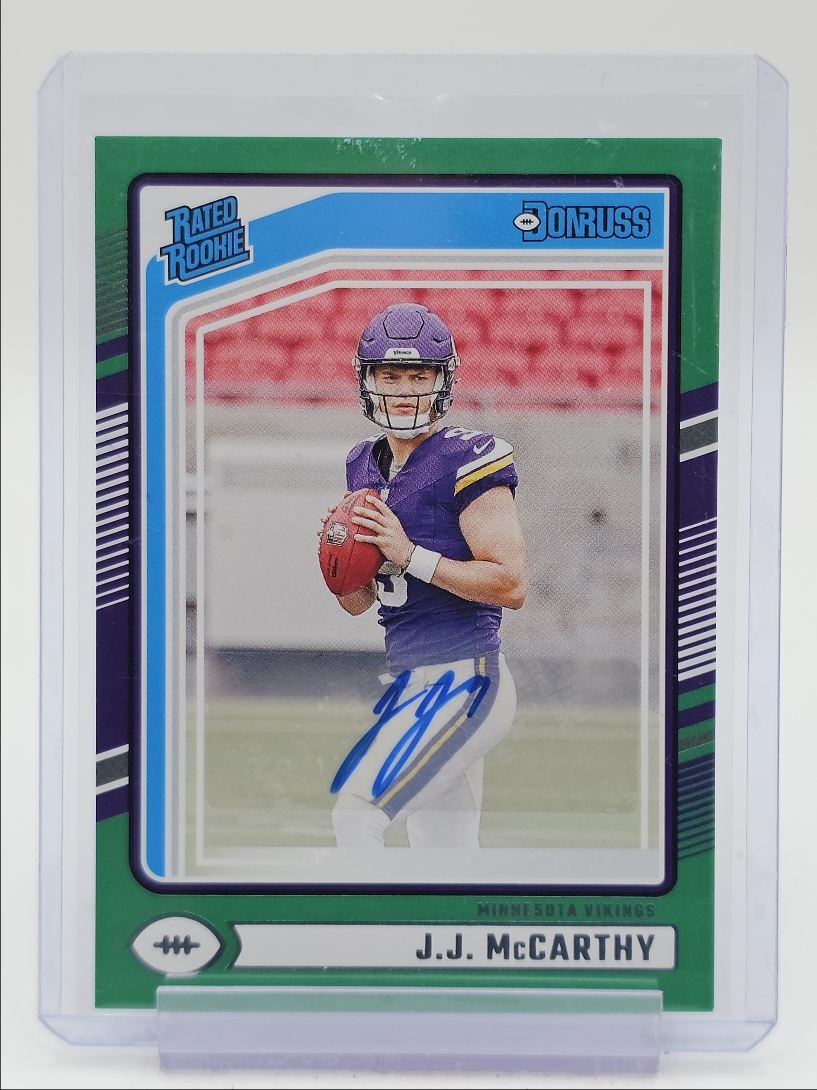J.J. MCCARTHY 2024 DONRUSS RATED ROOKIE AUTOGRAPH GREEN RC AUTO Q5689
