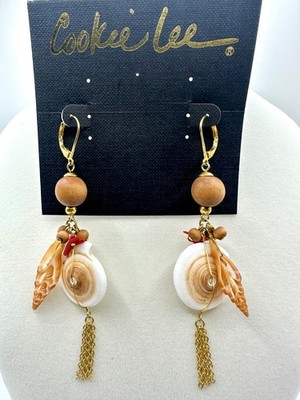   Cookie Lee Genuine Shell & Red Coral Gold Tone Tassel Earrings NWT #82235