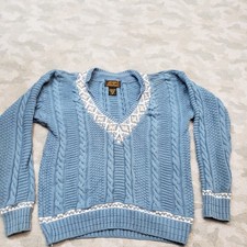 Vintage Eddie Bauer Sweater Womens Medium Blue Pullover V-Neck Cable Knit