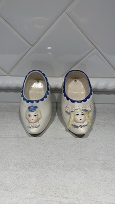 Vintage Delft  Blauw Ceramic Dutch Clog Shoe Hand Painted Blue Girl and Boy