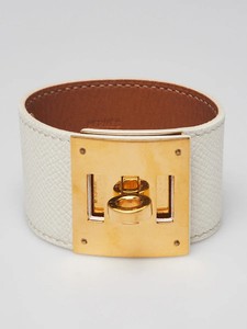 Authentic Hermes White Epsom Leather Gold Plated Kelly Dog Bracelet