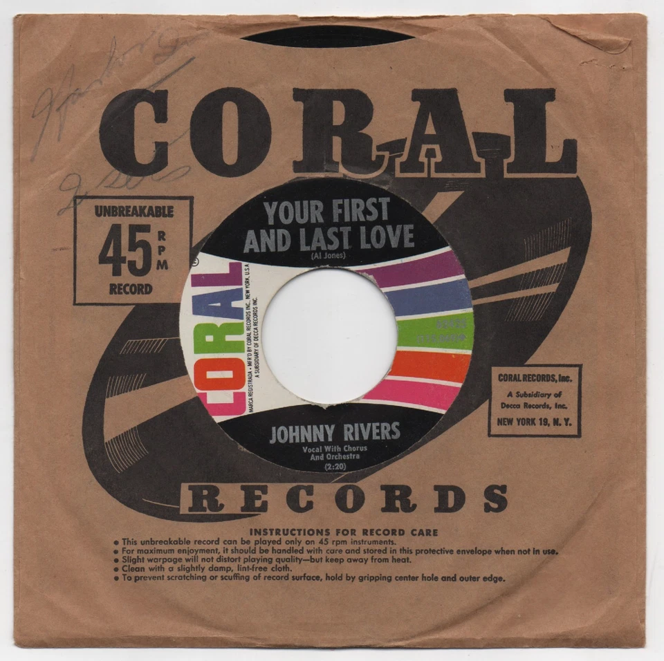JOHNNY RIVERS Coral 62425 7" Vinyl 45 THAT'S MY BABE / YOUR FIRST AND LAST LOVE - Image 2 of 2