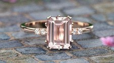 4Ct Emerald Cut Lab Created Peach Morganite Engagement Ring 14k Rose Gold Plated