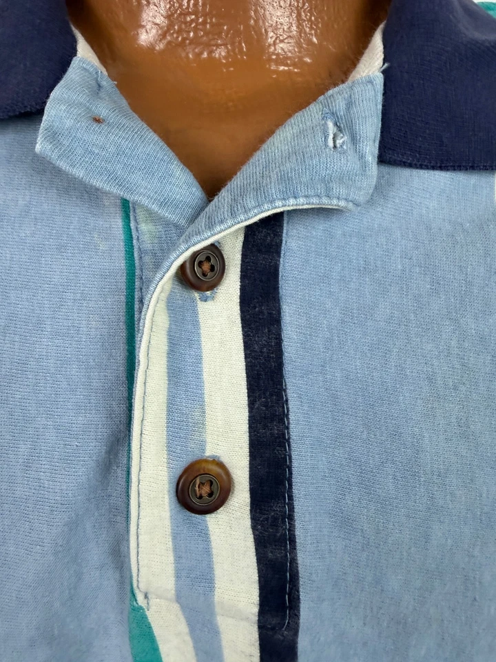 Camisa Polo Vintage Años 90 Colorblock Hombres Mediana Rayas Preppy Algodón Azul Hecha en EE. UU. Foto 4 de 4