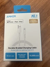 Anker Durable Braided MFI CERTIFIED USB To Lightning Charging Cable 6 Ft White