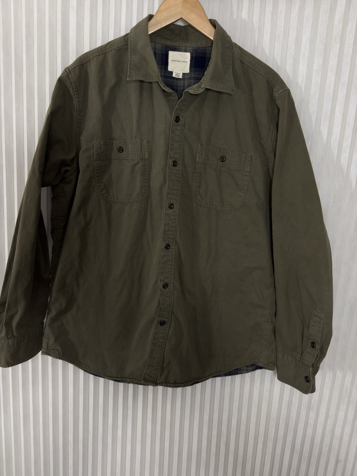 American Eagle Shirt Mens XL Green Flannel Lined Plaid Button Up Long Sleeve