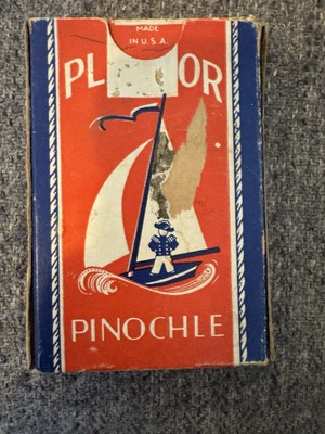 Vintage Playmor Pinochle Playing Card Deck Featuring Picture of 2 Men Fishing