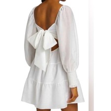 Alice + Olivia White silk blend Mini Dress Puff Sleeve Tiered Bow Square Neck