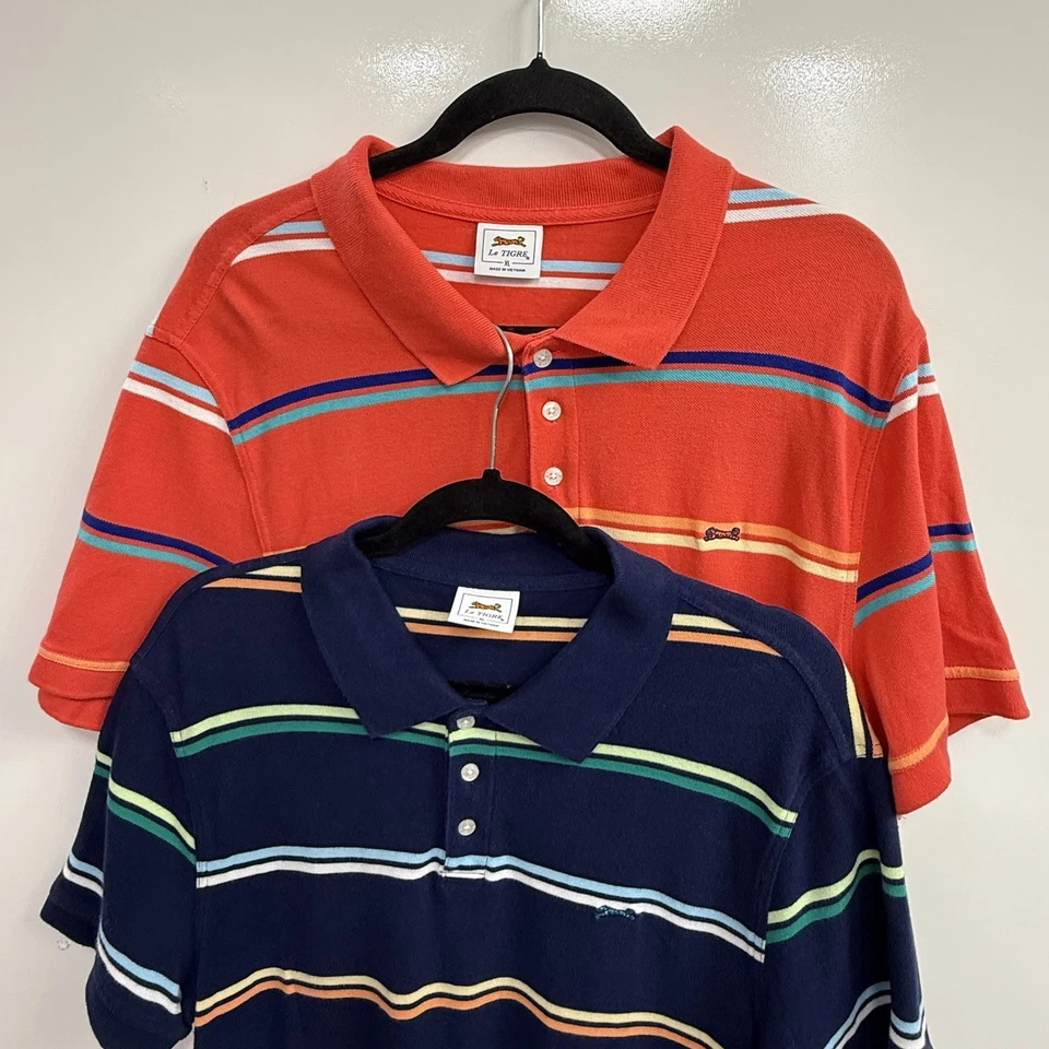 Le Tigre Polo Shirts Blue & Orange Striped Short Sleeve XL Embroidered Lot Of 2 - Image 3 of 4