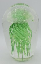 Art Glass Paperweight Jellyfish Green Clear Dome Shaped Modern Decor 5" Glows 