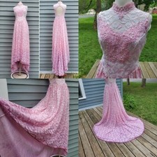 Vintage 80s Union Made Floral Barbie Ombre Pink Purple Lace Formal Gown Dress 4