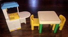 Vtg LITTLE TIKES BLUE ROOF Dollhouse Furniture Kitchen Island, Table, 2 Chairs
