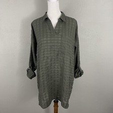 J Jill Popover Tunic Blouse Size M Green Woven Cotton Top Button Sides