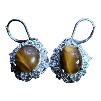 STS Karis Vintage Earrings Tiger's Eye Cabochon Silver Tone Dangle