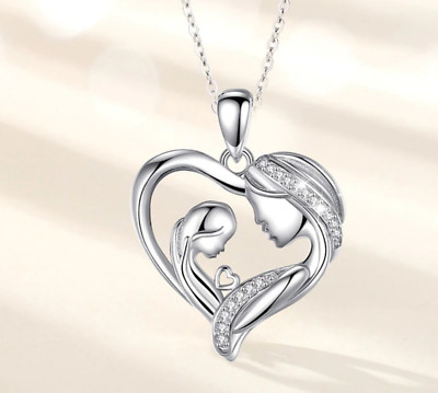 Eleganter 925 Sterling Silber Mutter liebt Tochter Zirkon Herz Anhänger Halskette