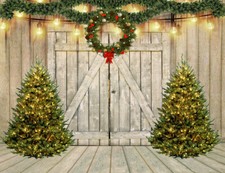 Christmas Tree Vinyl Backdrop Garland Studio Props Barn Door Photo Background