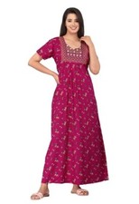 Women's Embroidery Pocket Pure Cotton Printed Regular Maxi Nighty Freesize pink4