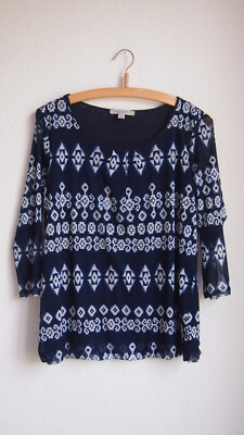 Comma T-Shirt Blouse Size 38 M Blue White Mesh Mesh Ethnic Pattern
