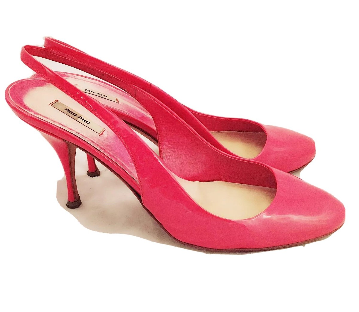 Womens MIU MIU Coral Pink Patent Leather High Heel Slingback