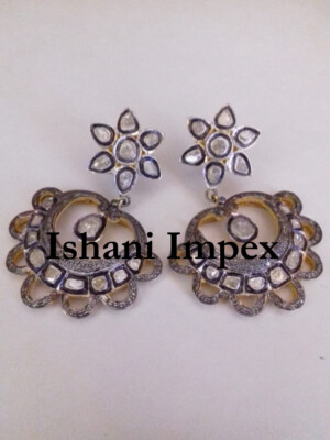 Victorian Jewelry Natural Rose Cut Diamond & Polki 925 Sterling Silver Earrings