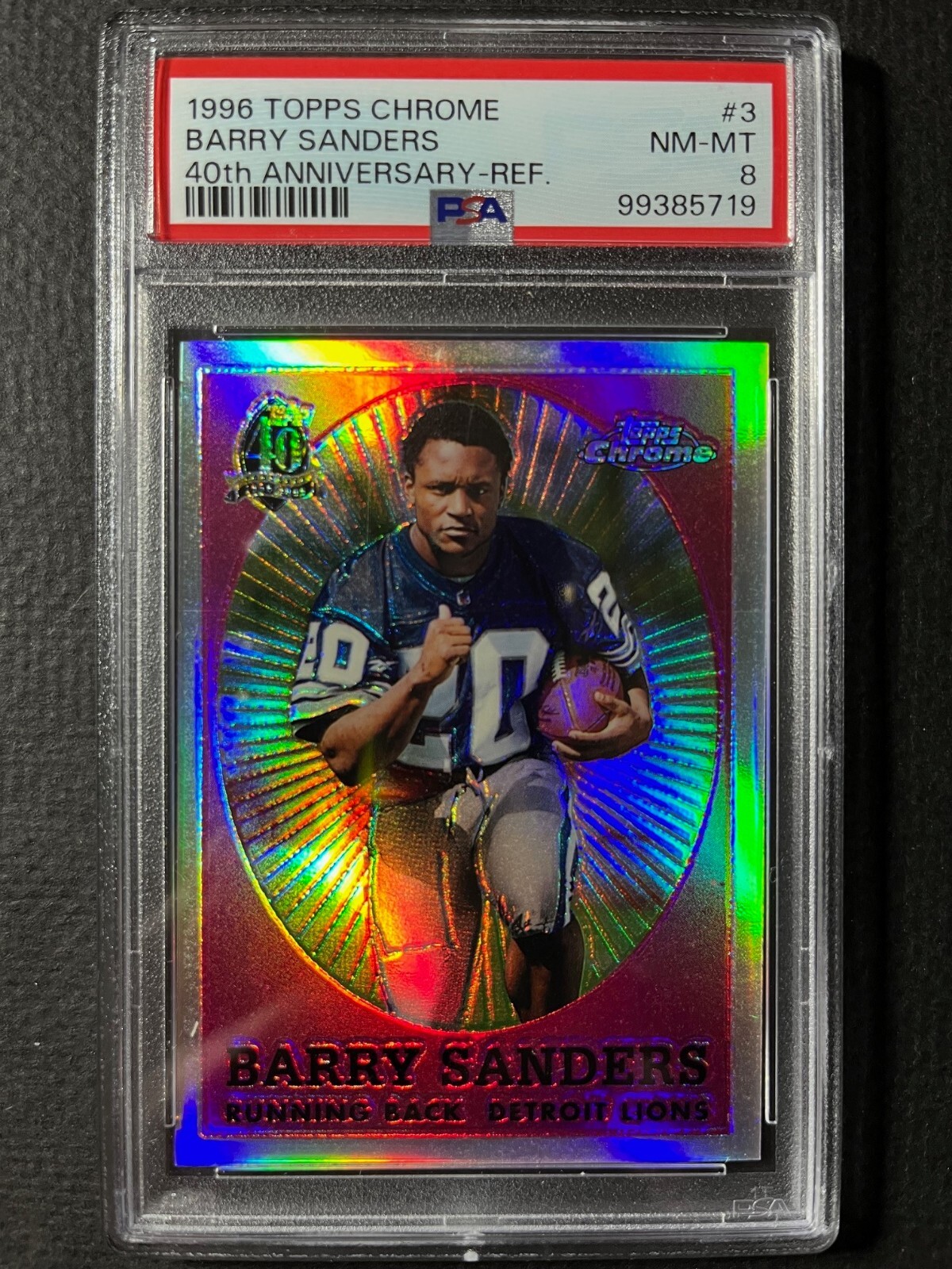 BARRY SANDERS 1996 Topps Chrome 40th Anniversary #3 REFRACTOR PSA 8 / Lions HOF