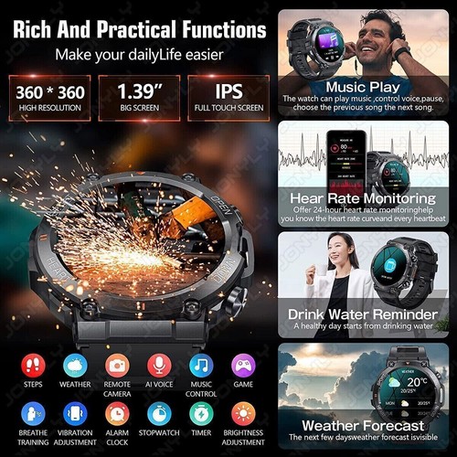 Montre Connectée Militaire pour Homme (Réception d'Appel/Composition) Robuste Tactique Fitness Tracker - Photo 5 sur 20