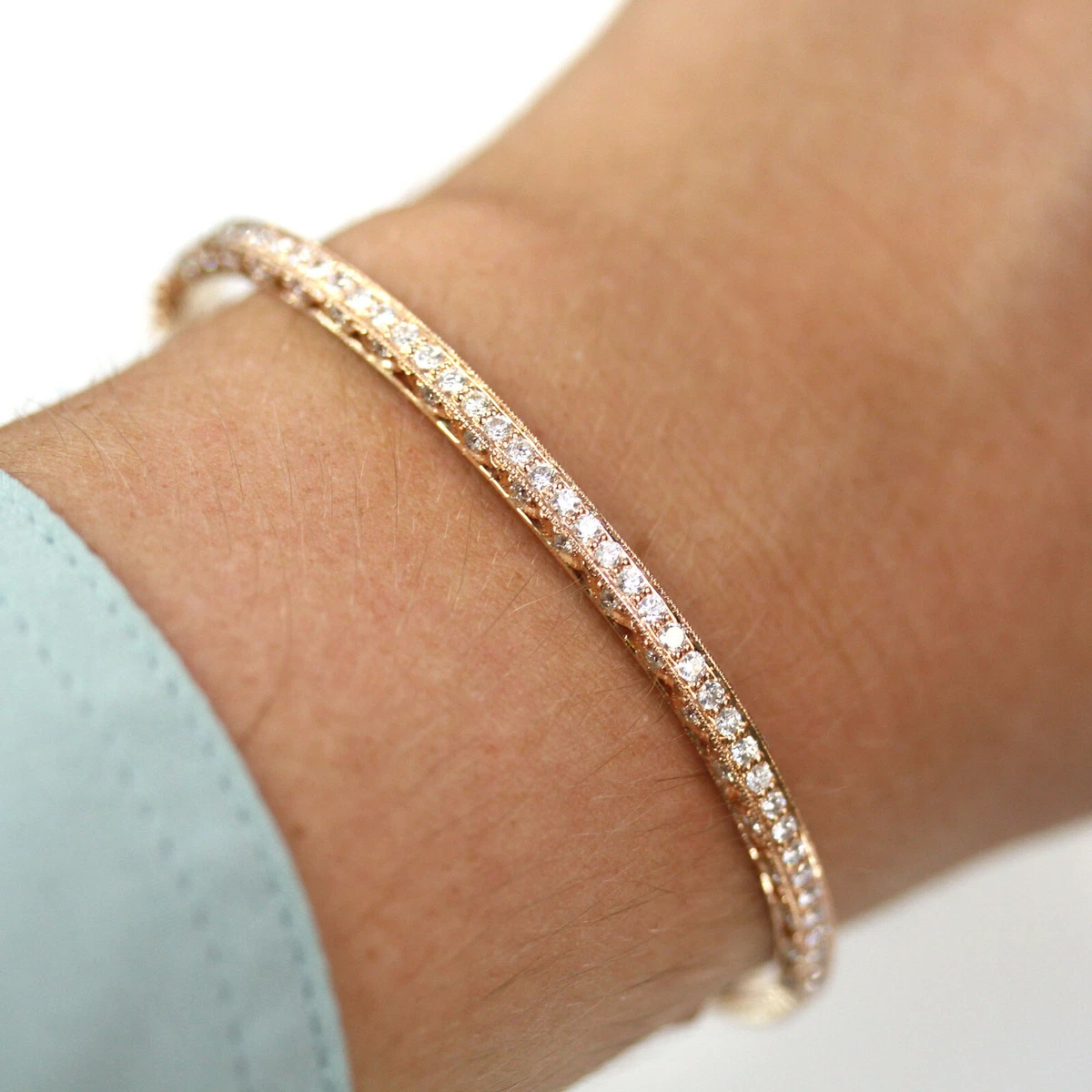 1.9 ctw Natural Diamond Solid 14k Rose Gold 3 Row Oval Bangle Bracelet 3MM 7