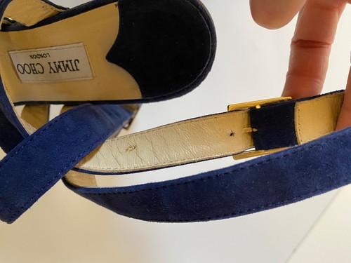 Jimmy Choo Suede Studded Unity Platform Sandals Heels sz 38 US 8 Blue Gold Wood - Picture 17 of 18