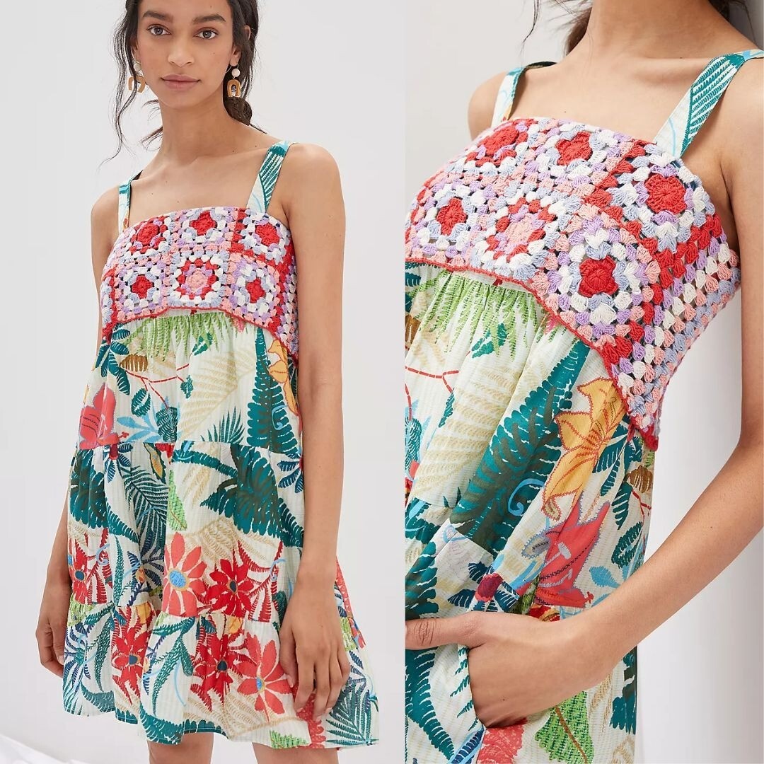 Farm Rio Crochet Mini Dress Anthropologie Floral Gran… Gem