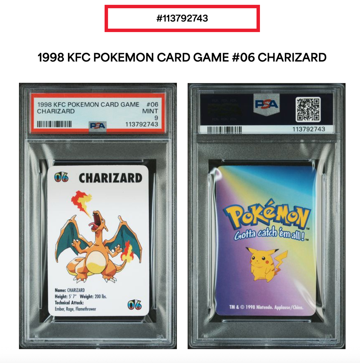 1998 KFC リザードン Charizard【初の英語版ポケモンカード】 Pokémon Charizard PSA 9 - 1998 KFC Card (First Ever English