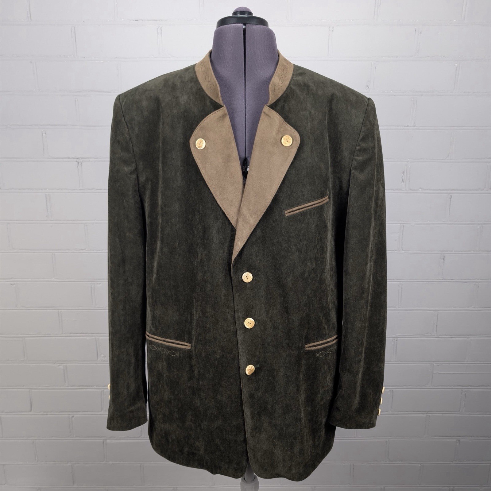 Chaqueta de pana verde OS Trachten tirolesa bávara imitación gamuza ribete para hombre UK48