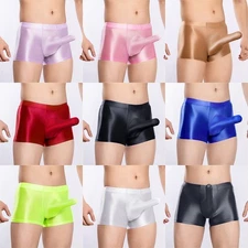 Mens Sexy Boxer Underwear Low Rise Sheer See Through Oil Shiny Glossy Big Pouch