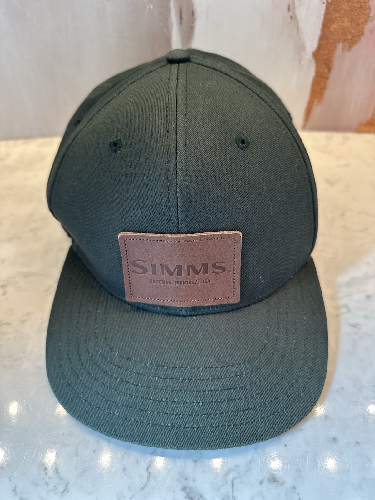 Simms Leather Patch Cap Hat Green OSFM Fishing Ou… - image 3