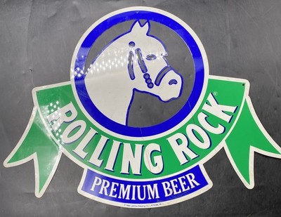 Vintage 1988 Rolling Rock Premium Beer Green Blue Horse Metal Sign 20 x15 . 21