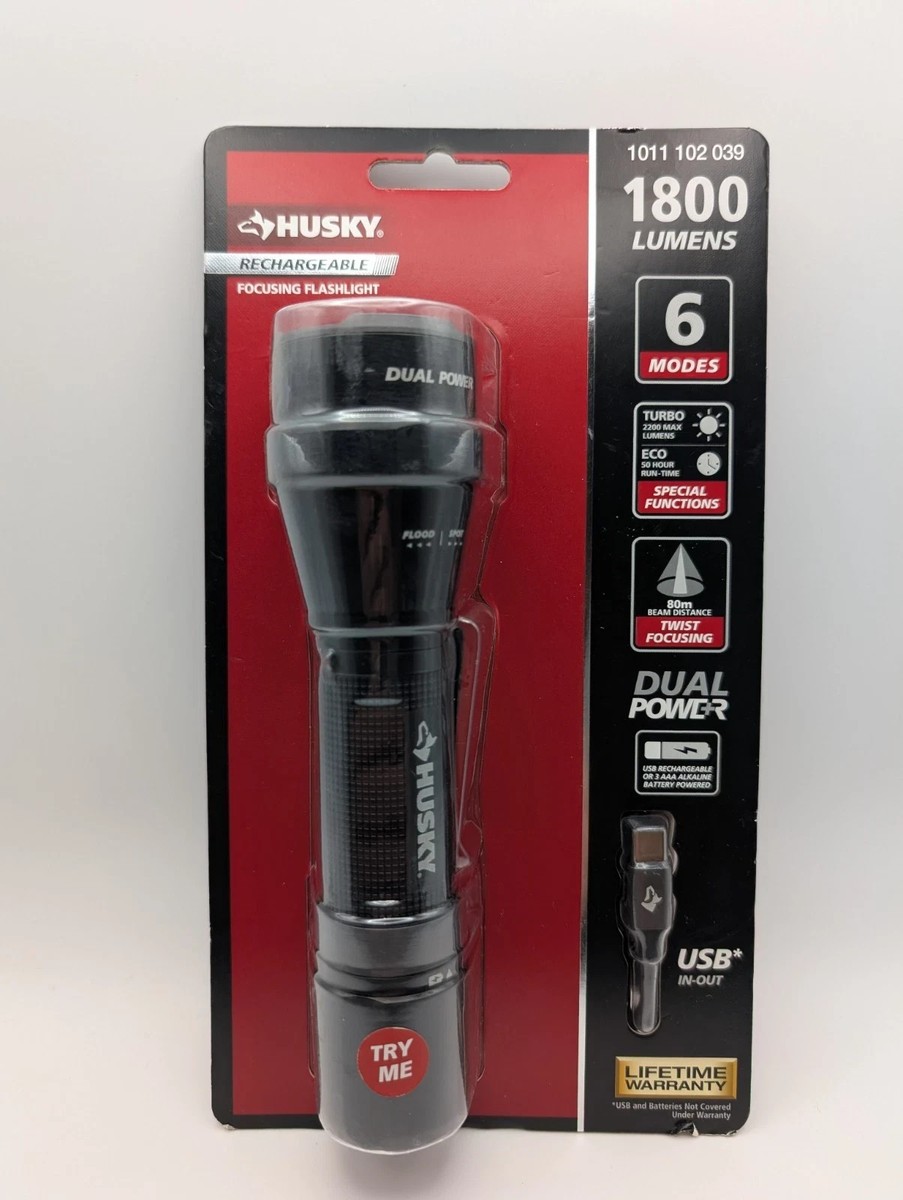 Husky 1800 Lumen Rechargeable LED Flashlight USB Dual Power 6 Modes NEW |  eBay