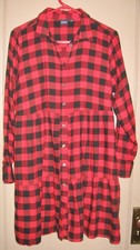 GAP Womens Red Black Plaid Flannel Long Sleeve Dress w/Ruffle; Buttons; Size Med