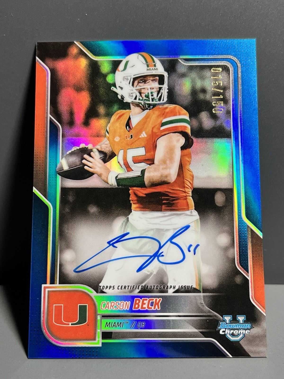 Carson Beck 2025 Bowman Chrome U On Card Auto BLUE Refractor /150 #BCA-CBE Miami