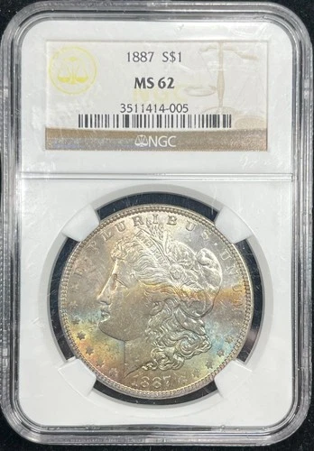 1887 NGC MS62 Morgan Silver $1 - Beautiful Rainbow Toning!