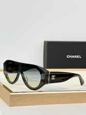 CHANEL Black Wraparound Shield Sunglasses Gold CC Dark Gradient Lenses
