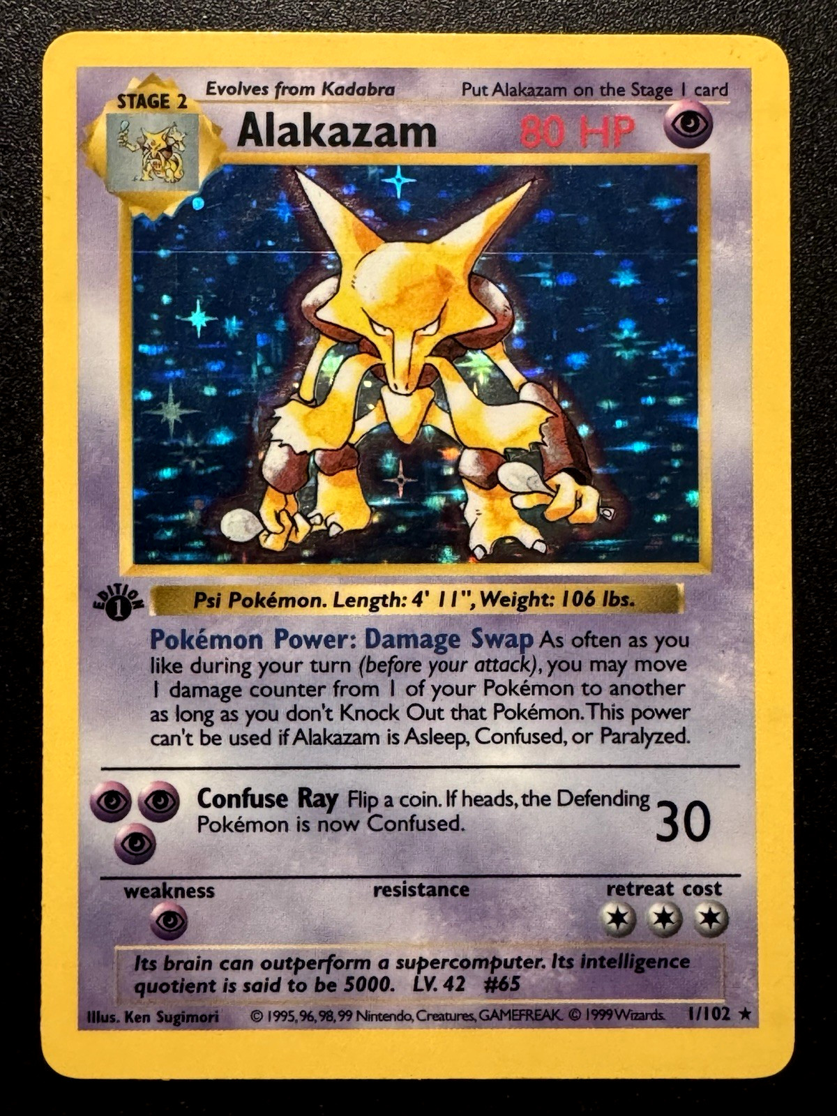 1st Edition Shadowless Alakazam 1/102 Base Set Pokemon Card Holo Foil Rare HP