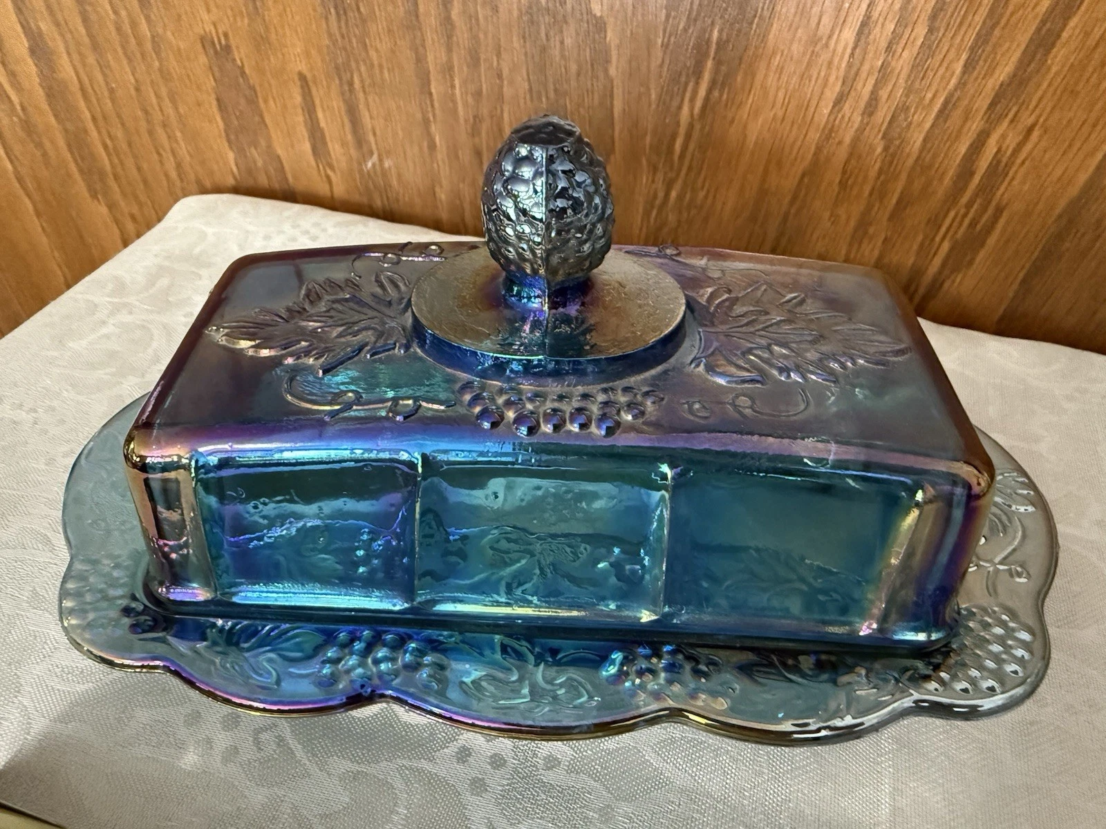 Indiana Glass Harvest Grape Carnival Glass Butter Dish in blue
Opens in a new window or tab