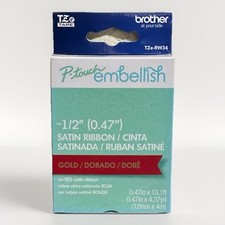 BROTHER P-TOUCH EMBELLISH TZE-RW34 SATIN RIBBON GOLD ON RED NEW FREE SHIPPING