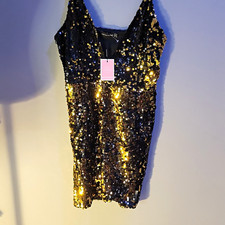 PrettyLittleThing Womens Size 6 Black Gold Sequin V-Neck Strappy Mini Dress