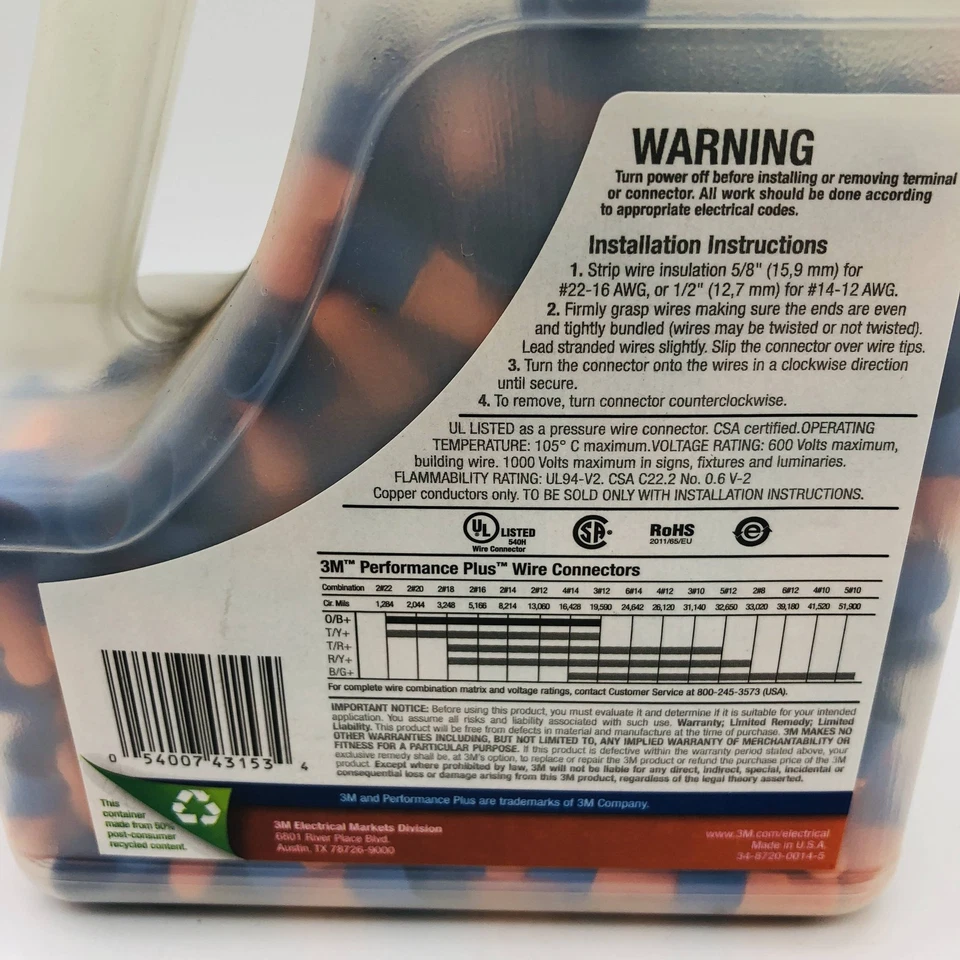 3M 7000133222 Performance Plus O/B+ Wire Connectors Orange/Blue 500/Jug - Image 4 of 4