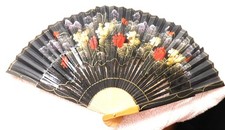 Vintage Folding Hand Fan Paper Bamboo Hand Painted Floral Leaves