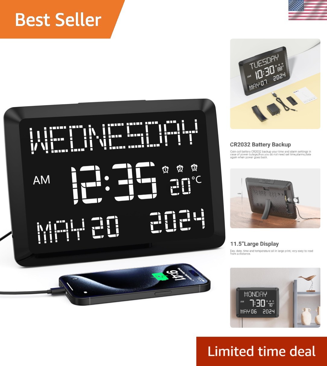High-Contrast 11.5&rdquo; Digital Clock for Bedroom & Office - 3 Alarms & 5 Brightness