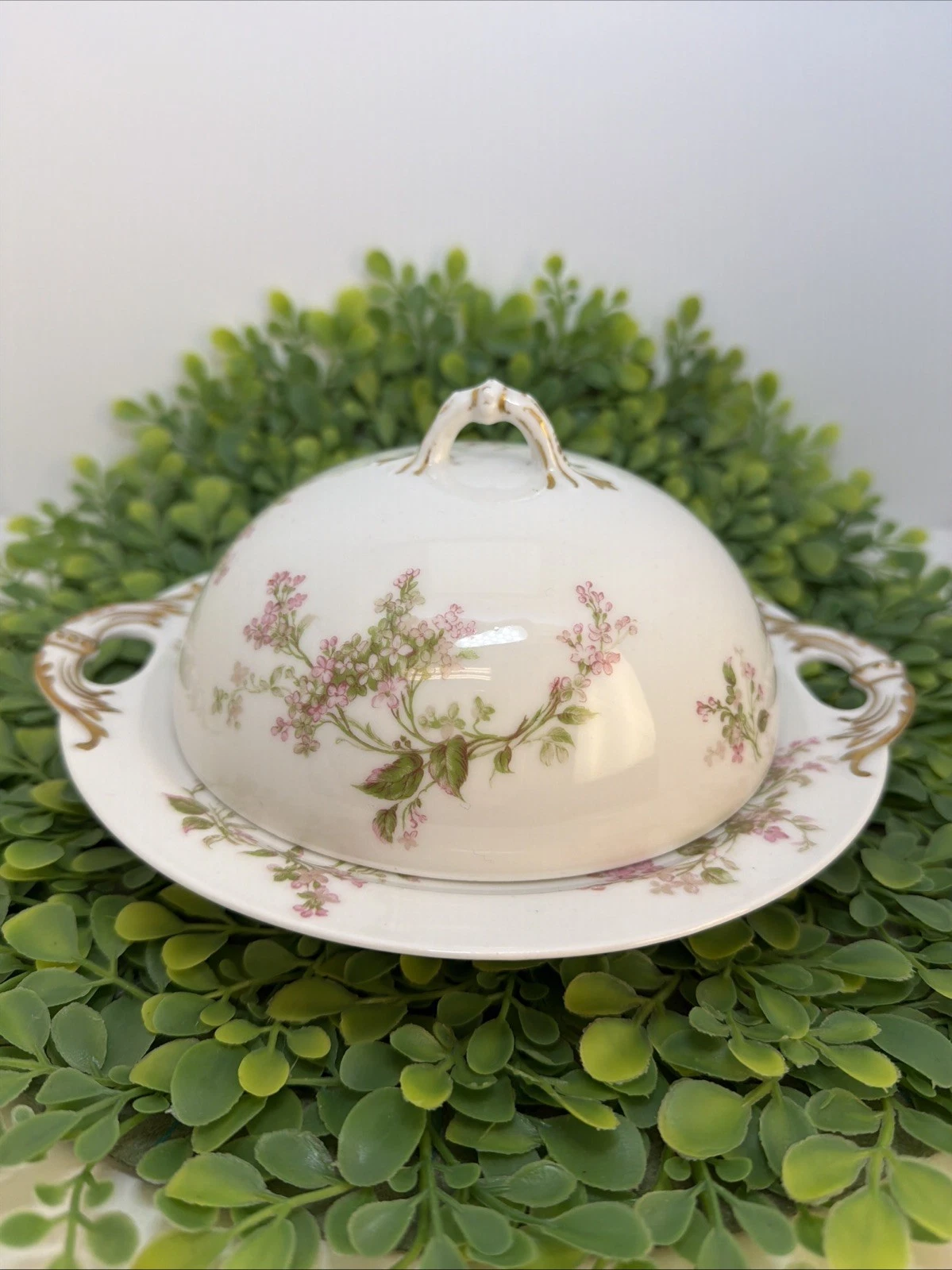 Antique Haviland Limoges Covered Butter Dish w Strainer 3 pieces Pink Flowers